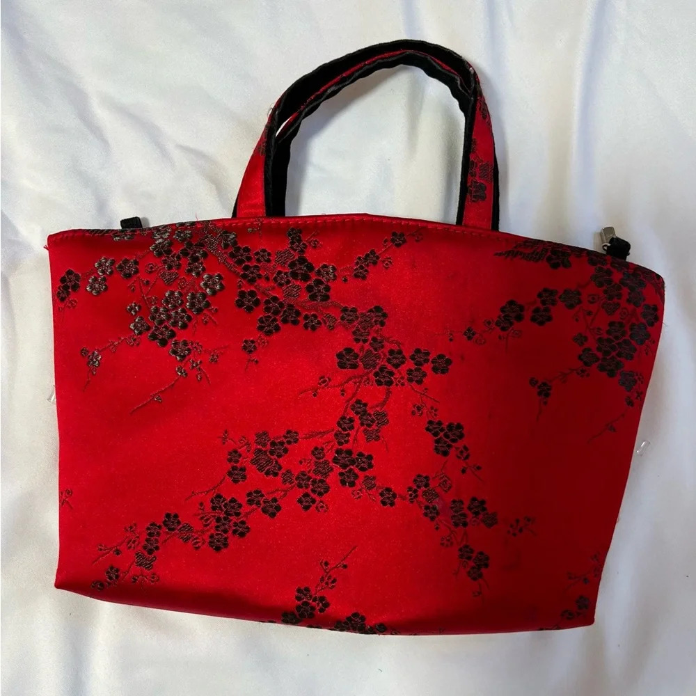 Asian Inspired Red Satin with Black Embroidered Flowers Handbag Purse Zip